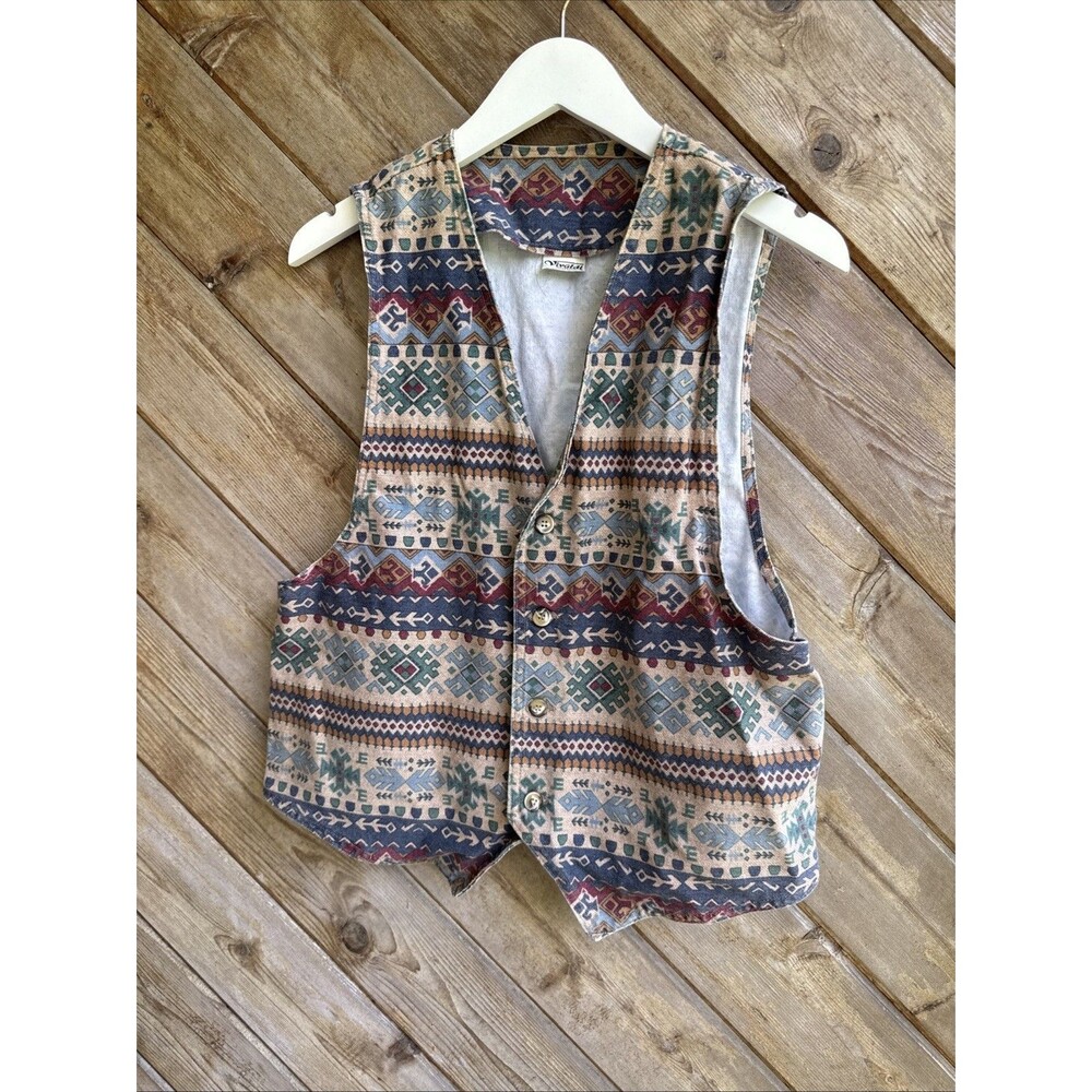 Vivaldi Jeanswear denim vintage Southwest Aztec Stripe button down vest sz M/L